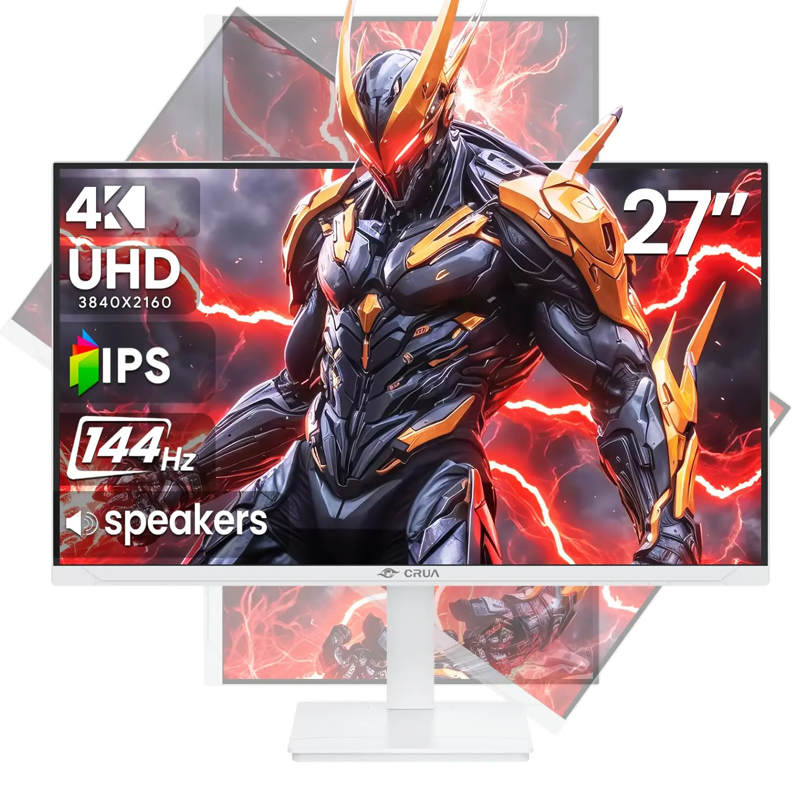 CRUA 27" White Vertical 4K UHD 144Hz IPS Gaming Monitor, Pivot & Tilt Adjustable, FreeSync, 120% sRGB, Built‑In Speakers, HDMI 2.1 DP 1.4, VESA Wall Mount for Gaming Work Photo Editing