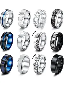 12 Pcs Silver Black Mens Rings Stainless Steel Matte Finish Polished Band Rings Set Chain Rings Celtic Rings Bottle Opener Rings Wedding Engagement Promise Ring Spinner Rings Stacking Ring Set for Men