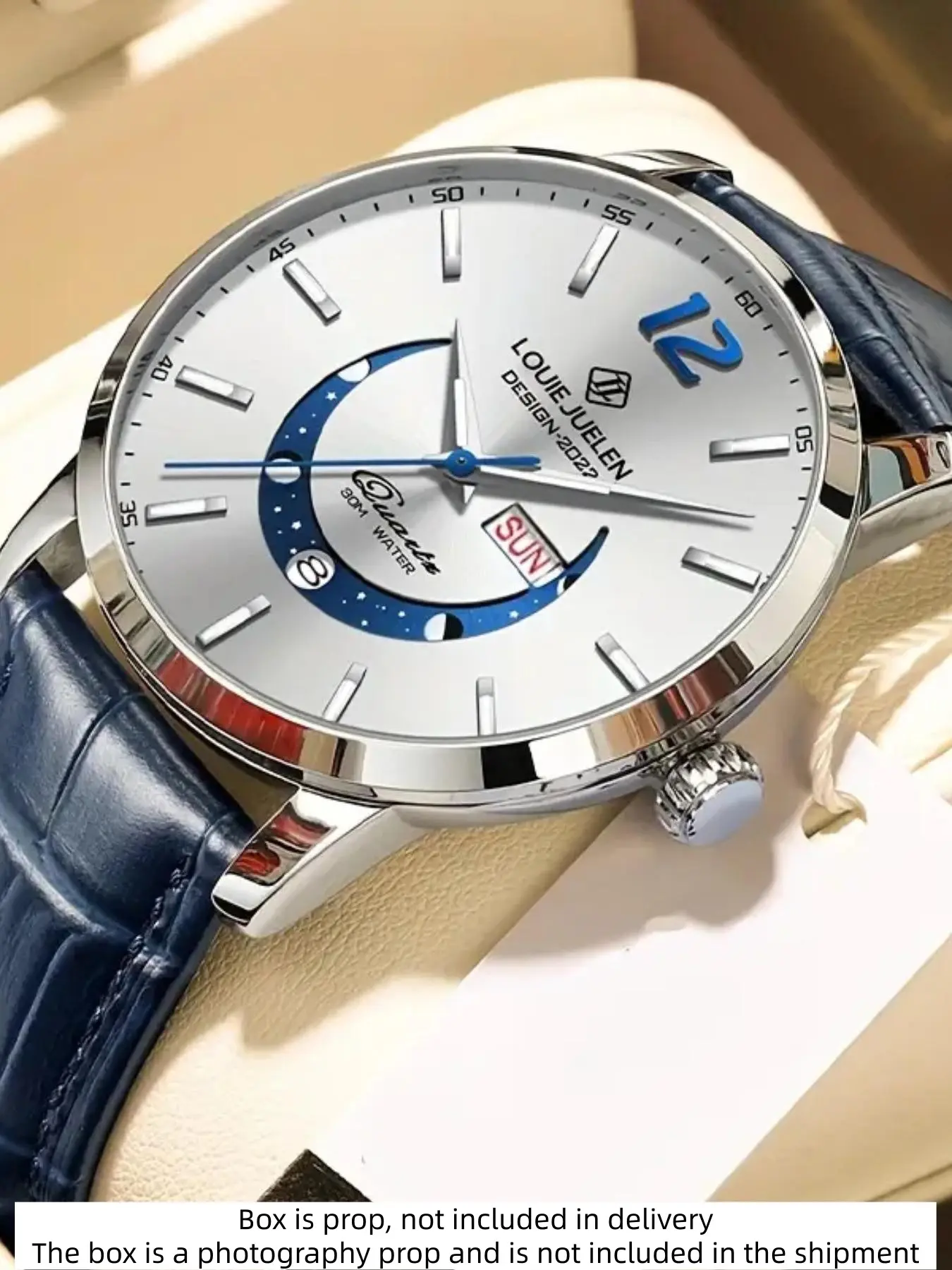 Luxury Elegant Men's Watch, Analog Quartz Watch with Moon Phase Design, Leather Band, 30m Waterproof, Luminous Dial, Casual Style Gift for Him