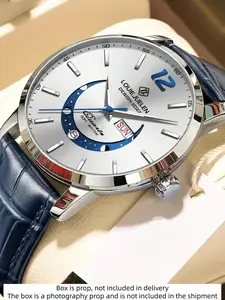 Luxury Elegant Men's Watch with Moon Phase Design, Leather Band, 30m Waterproof, Luminous Dial, Casual Style Gift for Him