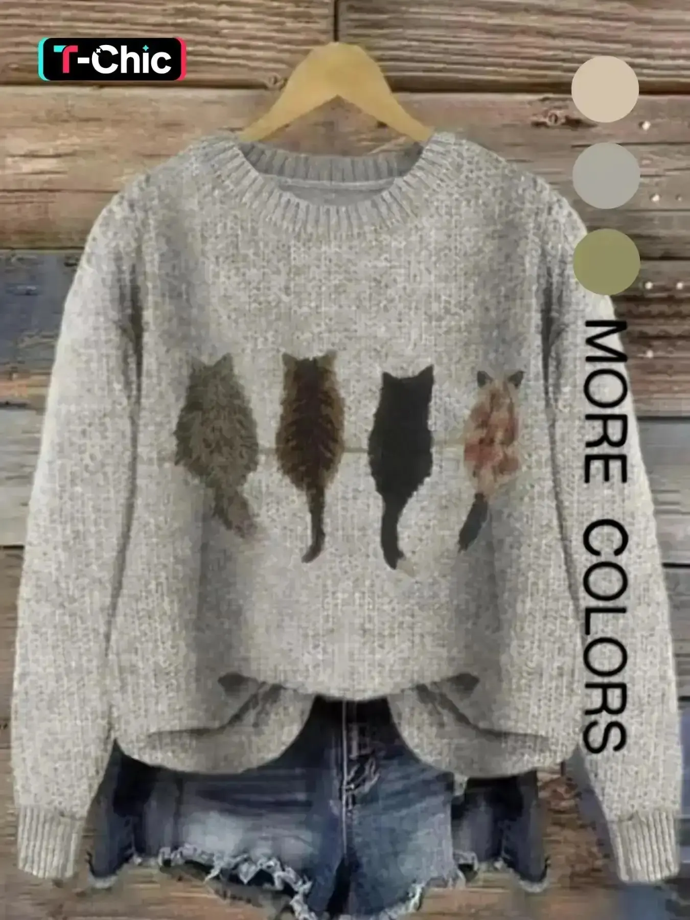 Women's Cat Pattern Knit Sweater, Soft Comfortable Round Neck Pullover, New Design Casual Fashion Lazy Style Top, Knitwear go to going out top timeless chic look relaxed fit fall winter brunch outfit