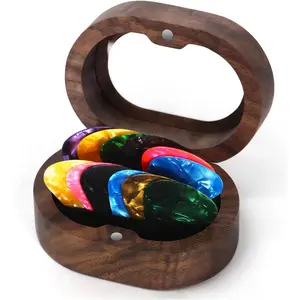 Walnut Guitar Pick Case Set with 12 Celluloid Picks in 3 Thicknesses,  Guitar Pick Holder, Mini  Box, Guitar and Bass  for Son, Mother, Father, Friend, Teacher