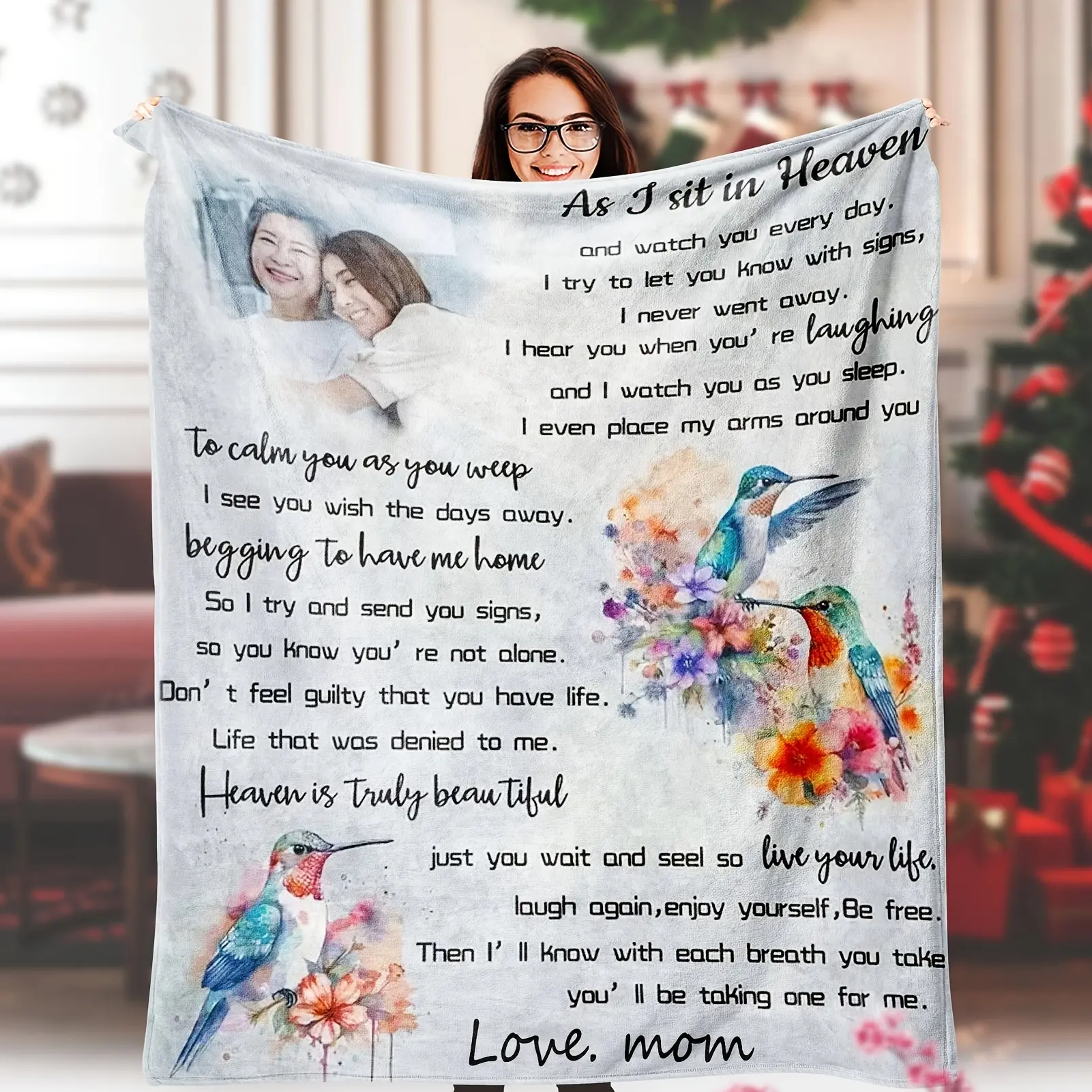 1pc Cozy Flannel Memorial Throw Blanket for Mom - Custom Photo Printed Sympathy Gift, 300-350gsm Knit Fabric, All Seasons, Contemporary Floral Design, "As I Sit In Heaven" Print, Soft Home Supply