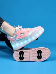 Girls' Walking Shoes with Rotating Buckle, Night Glow Color Changing LED Lights, Waterproof Leather, USB Rechargeable, Detachable Wheels, Trendy Trainers
