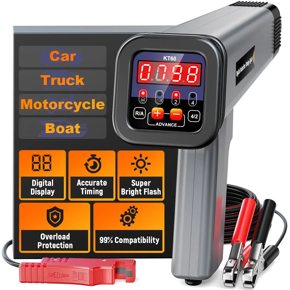 KT60 Digital Engine Timing Light, LED Display 12V Automotive Timing Light with Tachometer for 9V-16V Ignition System 2&4 Stroke Petrol Engine, Auto Vehicle Repair Tool for Motorcycles, Marine, Agricultural Machinery