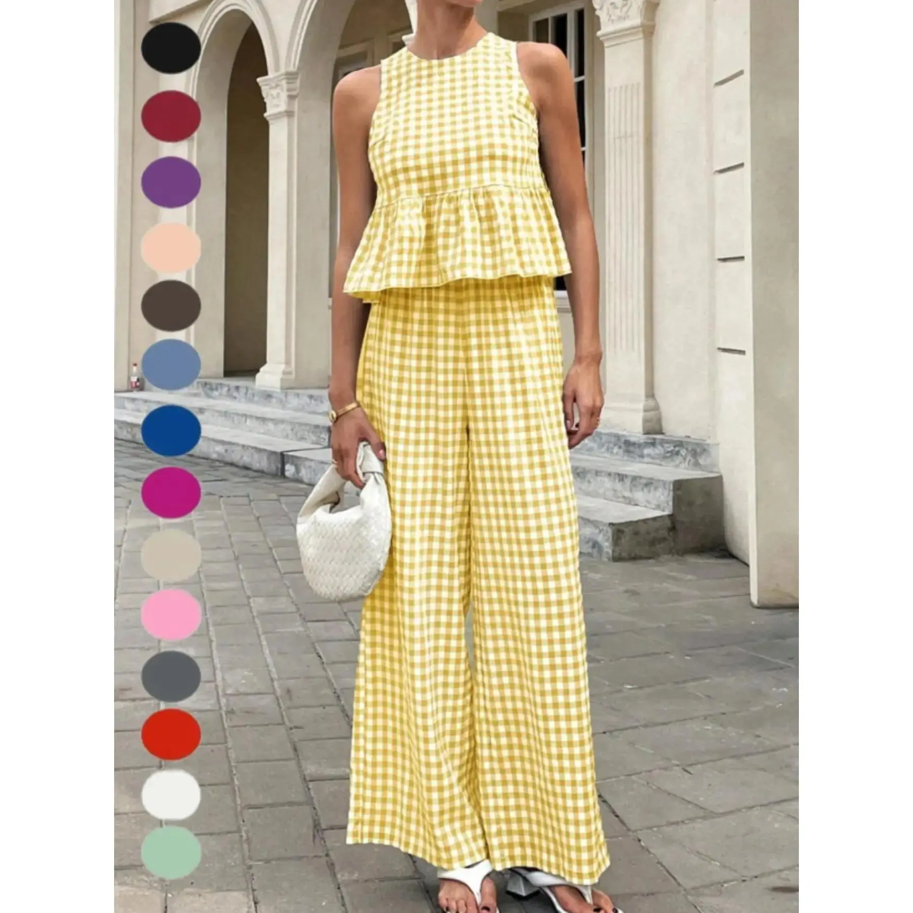 2026 Summer Women Plaid 2 Piece Outfit, Round Neck Sleeveless Ruffle Hem Top High Waist Straight Leg Pants Casual Fashion Matching Set