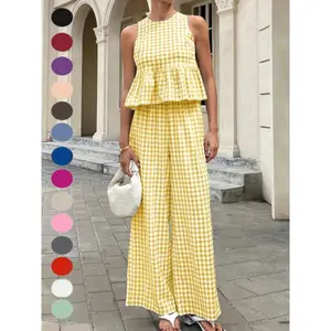 2026 Summer Women Plaid 2 Piece Outfit, Round Neck Sleeveless Ruffle Hem Top High Waist Straight Leg Pants Casual Fashion Matching Set