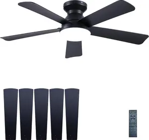 42 Inch Ceiling Fans with Lights and Remote Control, Indoor/Outdoor Flush Mount Low Profile Commercial Reversible Dimmable Ceiling Fans for Living Room Patio Industrial Shop, Black