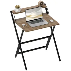 Folding Computer Desk – Walnut. 27.6" W x 24.4" D x 34.1" H. Folds Flat for Storage. Monitor Shelf (44 lbs Cap) + Tabletop (55 lbs Total). X-Steel Frame