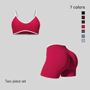 Women’s Summervibes Yoga Tank Top and High-Waisted Athletic Shorts Set Featuring Contrasting Colors and Seamless Thin Straps; Tummy Control and Shaping, Push-Up for The Bust, Hip-Lifting Design; Suitable for Outdoor Casual Wear