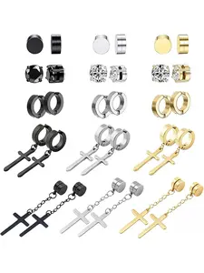 Stainless Steel Magnetic Earrings Set, Multiple Styles Cross CZ Fake Plug Earrings, Fashion Jewelry Gift for Him/Her, Cubic Zirconia Earrings