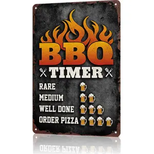 BBQ Timer Beer Themed Aluminum Metal Sign 8x12 Inch, Funny Grill Master Themed Wall Decor for Backyard, Patio & Man Cave, Vintage Rustic Plaque