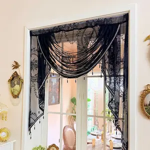 1pc Luxury Lace Semi-Transparent Curtain, Vintage Floral Embroidery Crystal Fringe, No Drilling, French Country Style