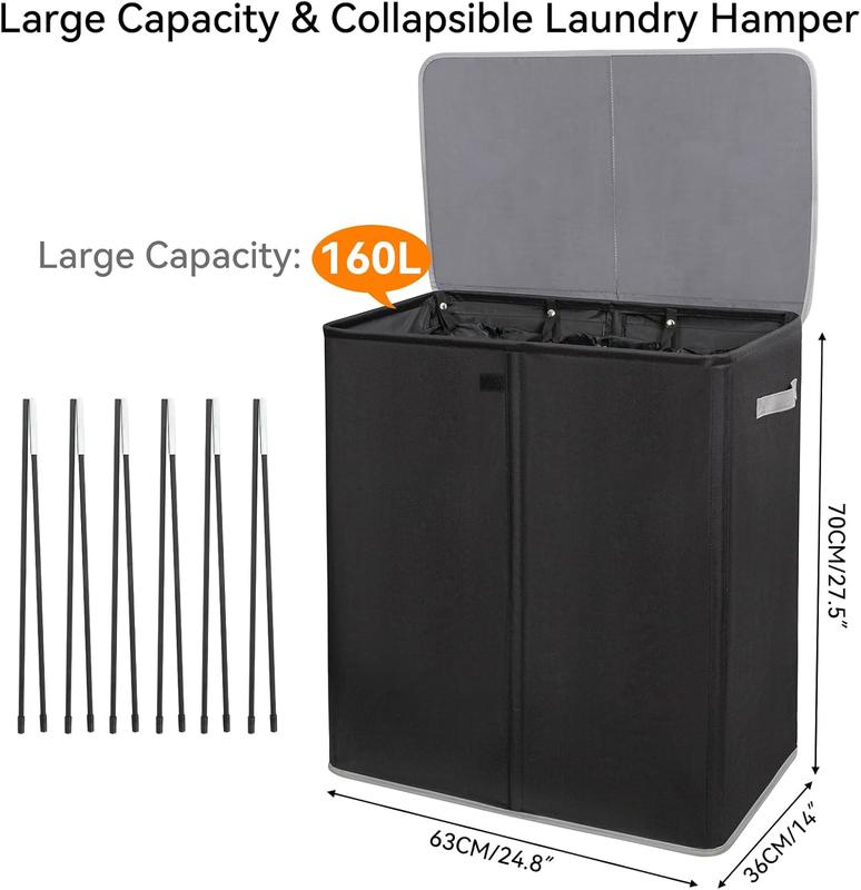 Laundry Hamper with Lid,160L Large Laundry Basket 3 Section with Removable Washing Bags,Collapsible  Dirty Clothes Hamper for Laundry Room Bathroom Dorm,Black