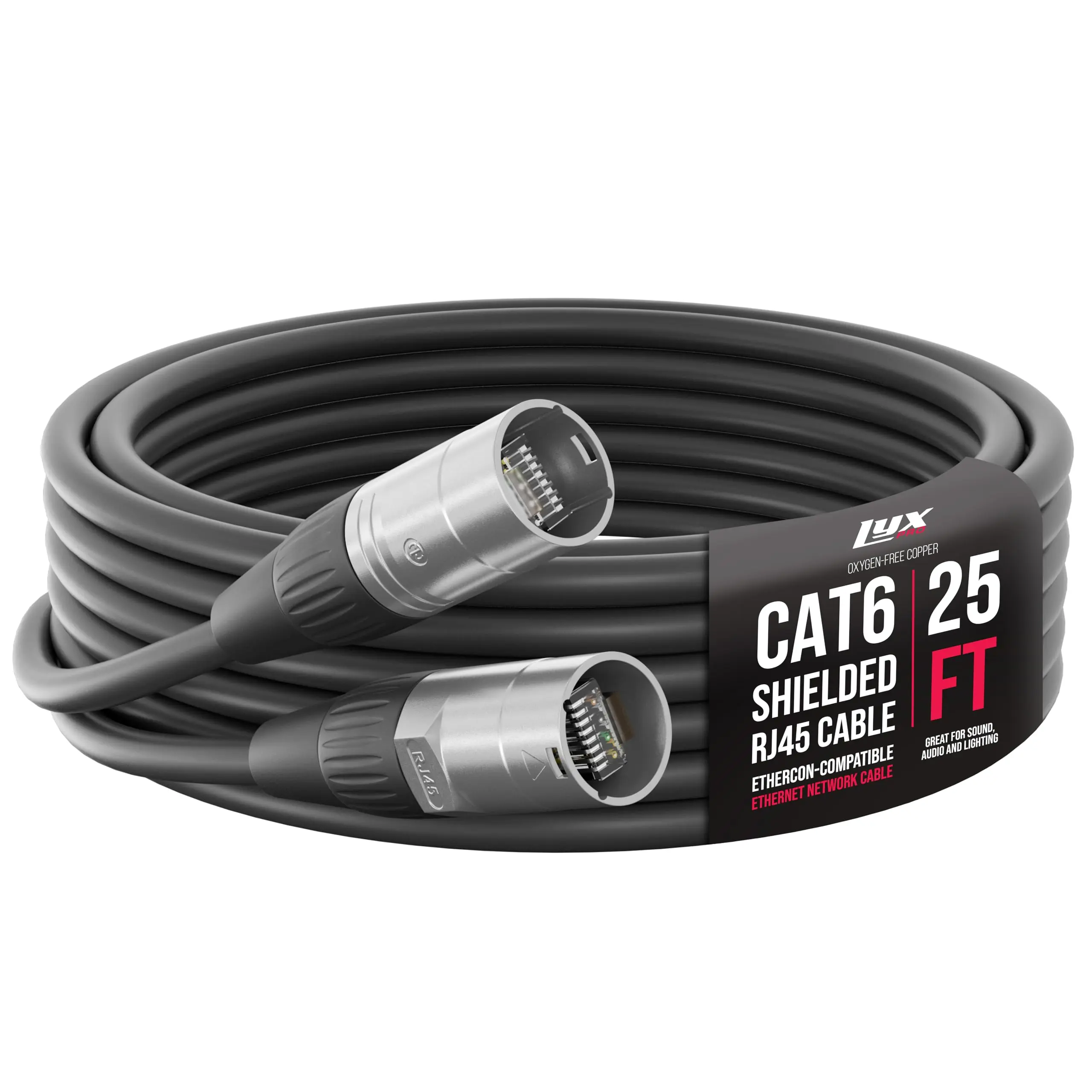 LYXPRO 25 Feet Shielded CAT6 Ethercon Cable Professional Audio Lighting RJ45 Studio Grade Sound Transmission Extreme Durability Black