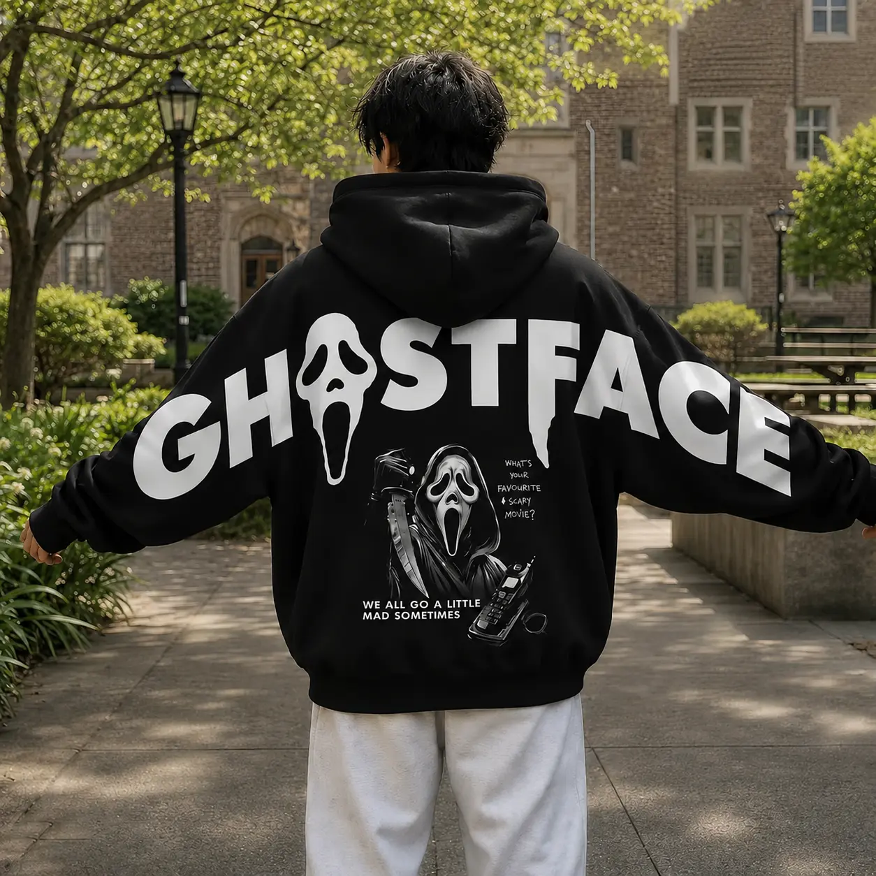 Retro 90's Funny Ghostface Shoulder-to-Shoulder Back Lettering Sweatshirt Hoodie, Halloween Scream Movie Graphic Tee, Spooky Season, Gift for Him and Her, Vibes
