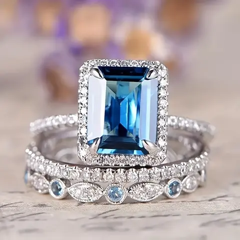 Female Elegant 3-Piece Square Ring Stack Set - Wedding Ring Set, Engagement Band with Inlay Ocean Blue Stone, Metal Coating Layered Shell Accessory