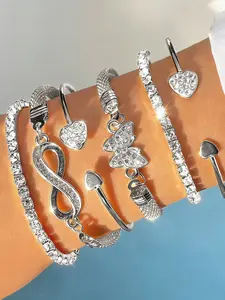 6pcs Luxury Fashion Minimalist Rhinestone Butterfly, Heart, Infinity Symbol Multi-Layer Stackable Bangle Bracelet Set, Elegant Accessories For Women
