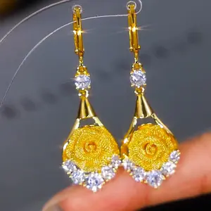 14K Gold Plated Mesh Rose Dangle Earrings - Elegant Gold Dangle Earrings for Everyday Wear trendy charm
