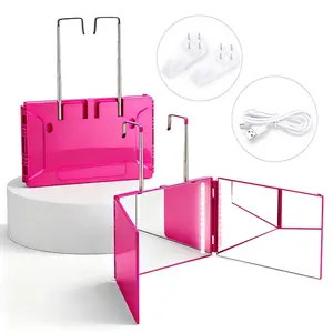 3 Way Trifold Mirror for Self Hair Cutting Rose Red ABS Glass 360° Rotating with Telescoping Hooks All-in-One for Makeup Shaving Braiding & Styling