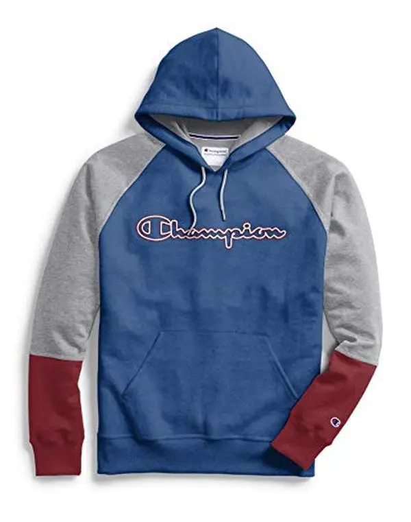 Champion Powerblend Colorblock Men's Active Athletic Hoodie, Long Sleeve Hooded Neck Sweatshirt for Sports & Outdoor, Available in Loyal Blue/Oxford Grey/Cherry Pie