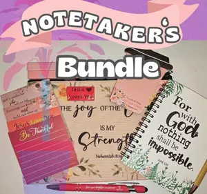 Notetaker's Bundle - 2 Lined Sticky Notepads, 2 Highlighters, Notebook with Pen, Tumbler Notepad, Jesus Loves You Eraser, Cute Pouch for Easy Carrying