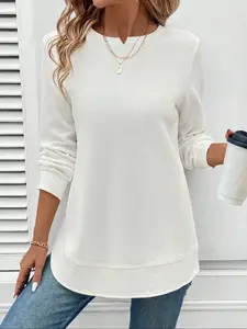 YYTK2025DEC003 Women's Asymmetrical Hem Waffle Texture Casual Sporty Light Sweatshirt, Basic Style, Daily Wear, Long Sleeve Tunic Tops with Leggings, Loose Fit Crew Neck