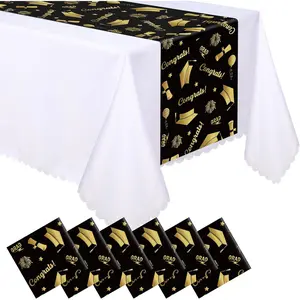 6 count Plastic Graduation Table Runner 2026 Congrats Grad Cap Table Decoration 14 x 108 Inch Disposable Tablecloth for Prom Class of 2026 Graduation Party Supplies Favor(Stylish, Black )