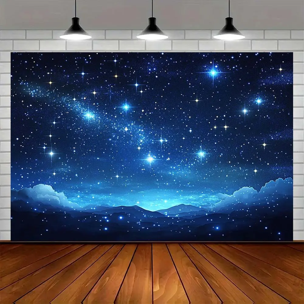 1-Piece Durable Polyester Starry Night Sky Backdrop, Magical Galaxy-Themed with Star, Cloud, Mountain Prints for Indoor-Outdoor Parties, Weddings, Birthday Banners,summerwins