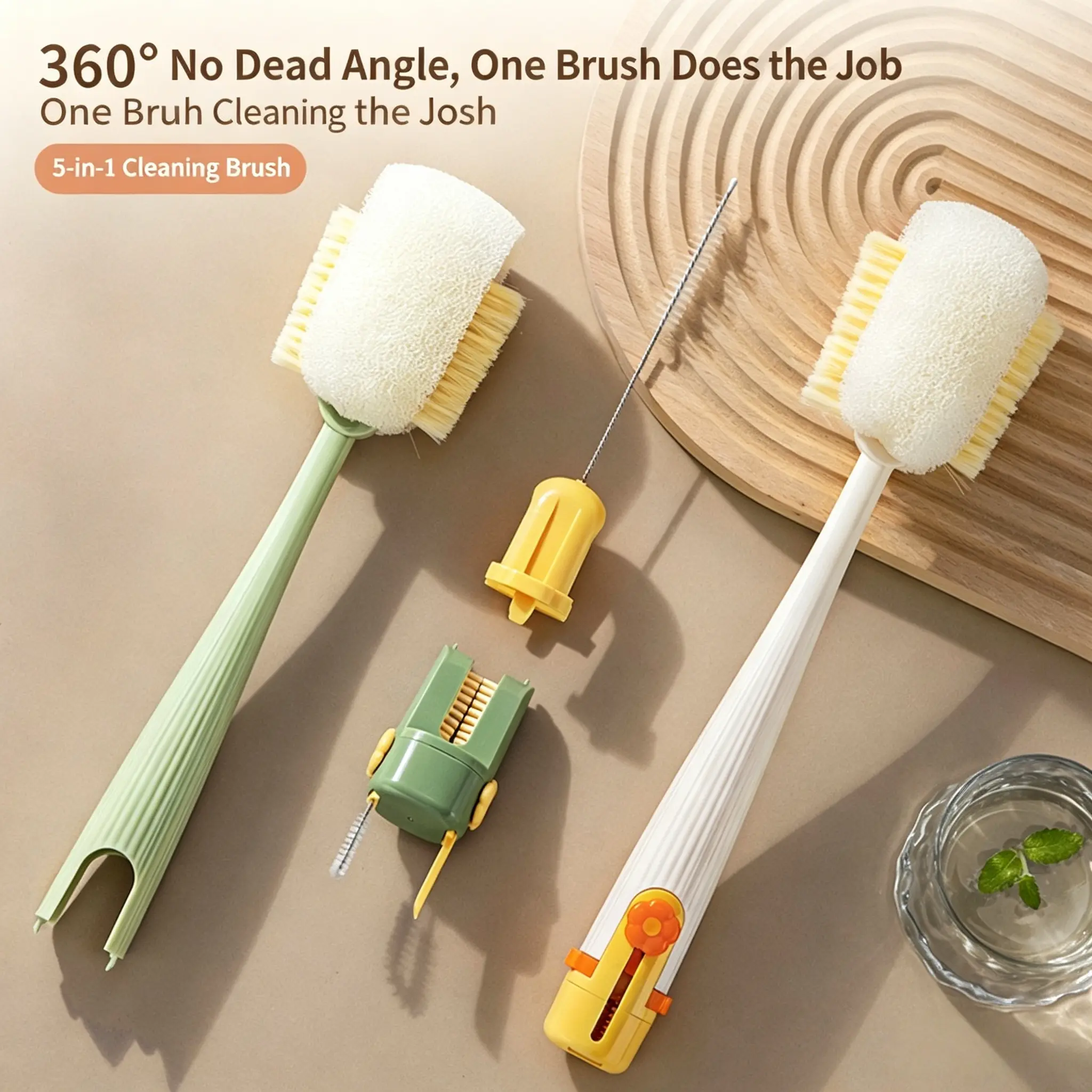 5 in 1 Bottle Cleaning Brush Set, 2026 Multifunctional Lid Brush Cleaning Tool Kitchen, Portable Long Handle Bottles Scrubber for Cup Lids, Hard Bristle Sponge Head Bottle Brushes