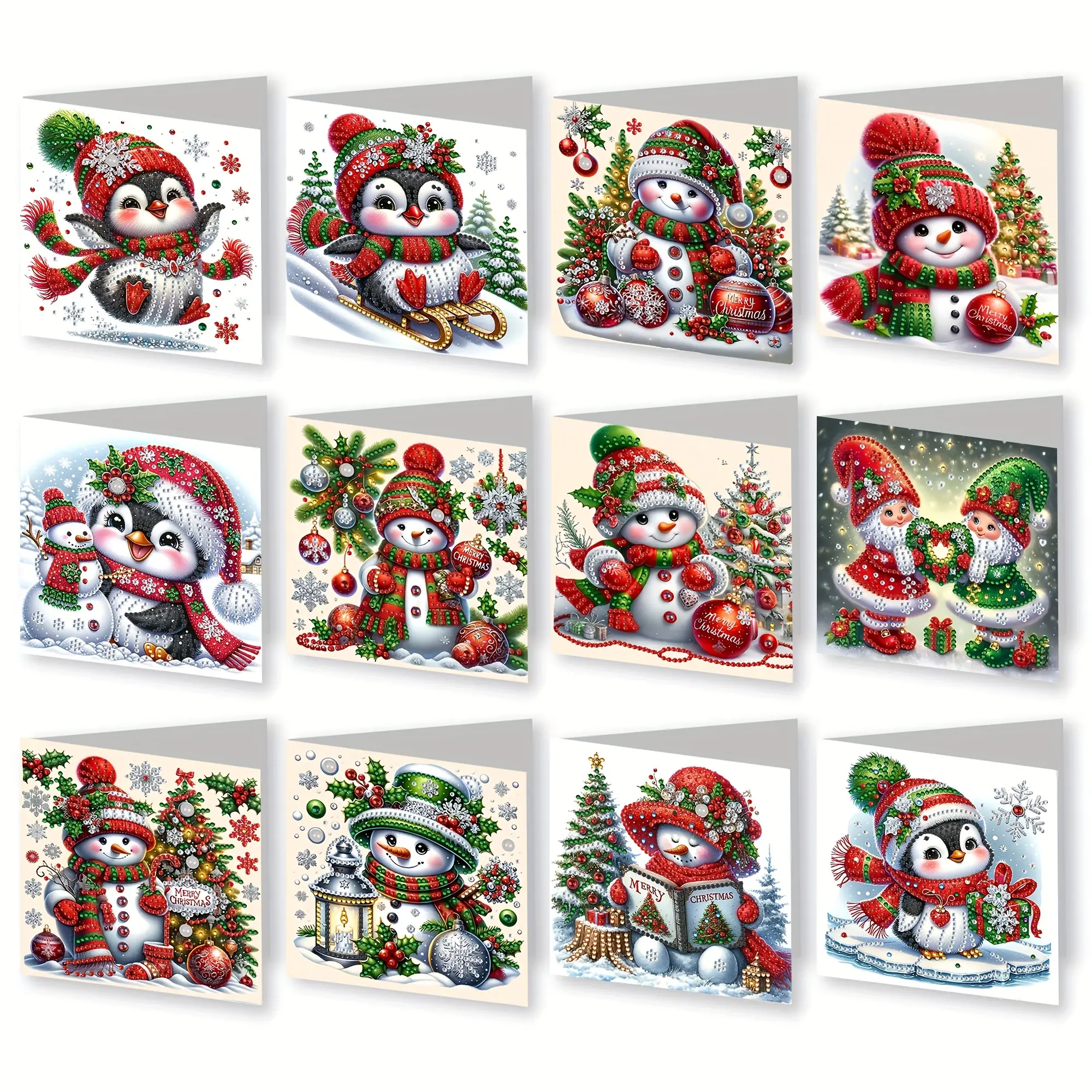 12 DIY Christmas Winter Diamond Painted Greeting Cards with Envelopes, Anime Themes, Irregular Shapes, Paper Materials, Unique Creative Designs, Greeting Cards Assortment, Card Set