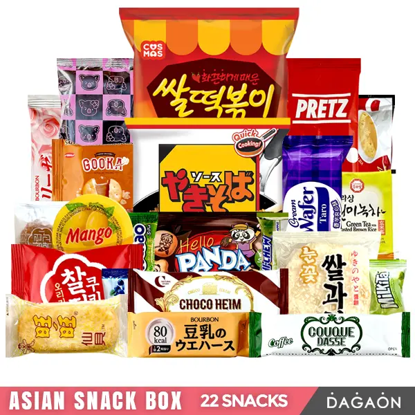 Asian Snack Box - Dagaon 22 Assortment of Snacks. Chips, Ramen, Biscuits, Cookies, Pies, Candies, Jellies and More - Sweet and Savory, Multipack, Gift