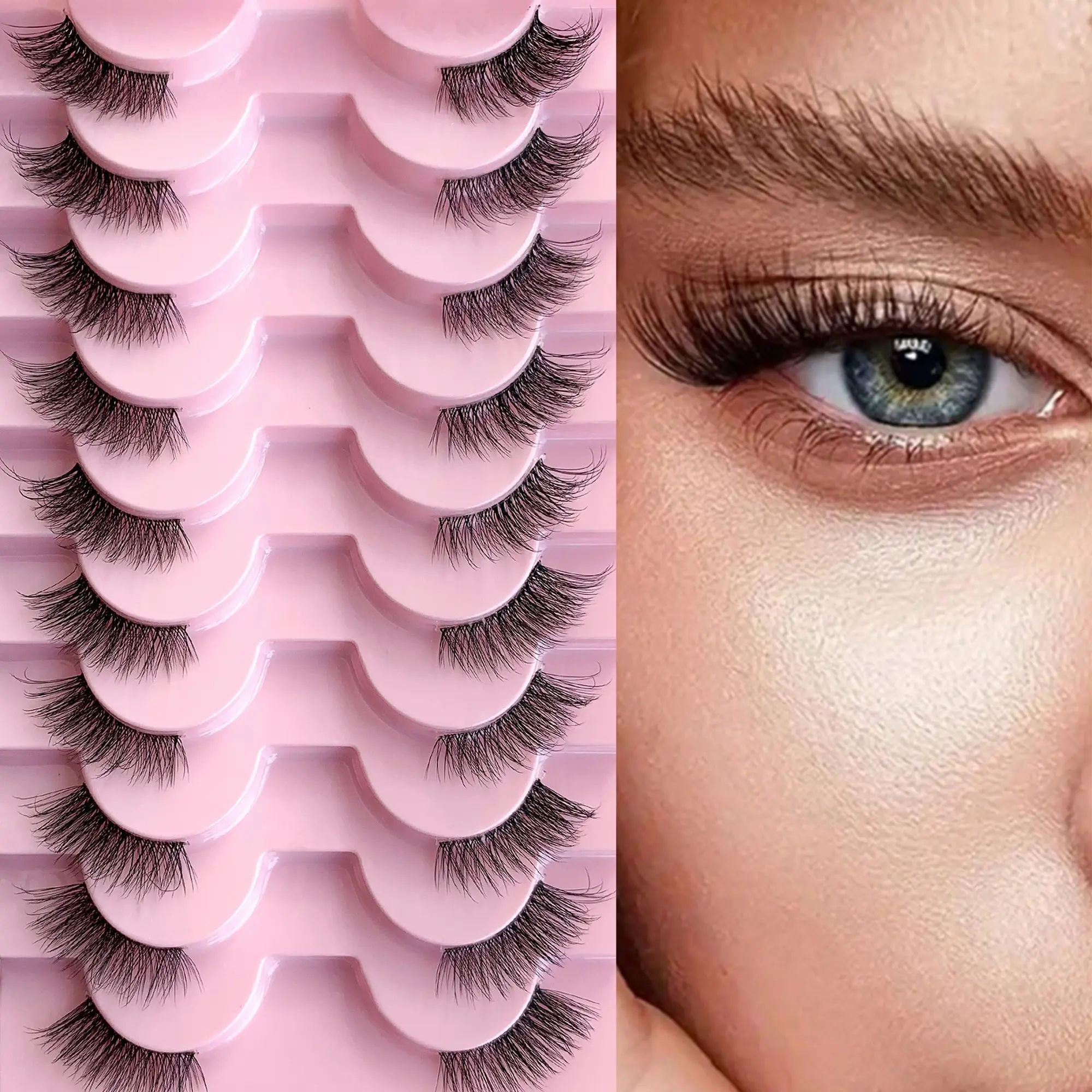 10 pairs clear band Half lash small natural wispy cat eye style false eyelash,3D wispy soft and light weight makeup strip eyelashes set,winged half lashes L15 DIY Eyelash Extensions Lightweight natural eyelashes