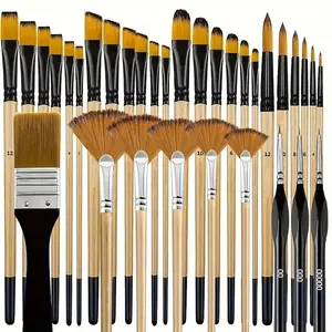 33-Piece Paintbrush Set, Painting, Nylon Brushes, Round & Fan-Shaped Design, Ideal for Artists & Beginners, Made in China, Wooden Handle