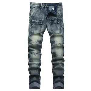 JUNBAOSS Men's Biker Zipper Deco Jeans, Mens Slim Fit Stretch Jeans Ripped Skinny Jeans for Men, Casual Fashion Straight Leg Comfort Flex Waist Cargo Denim Pants, Menswear Trouser Streetwear Jean with Plain Pockets