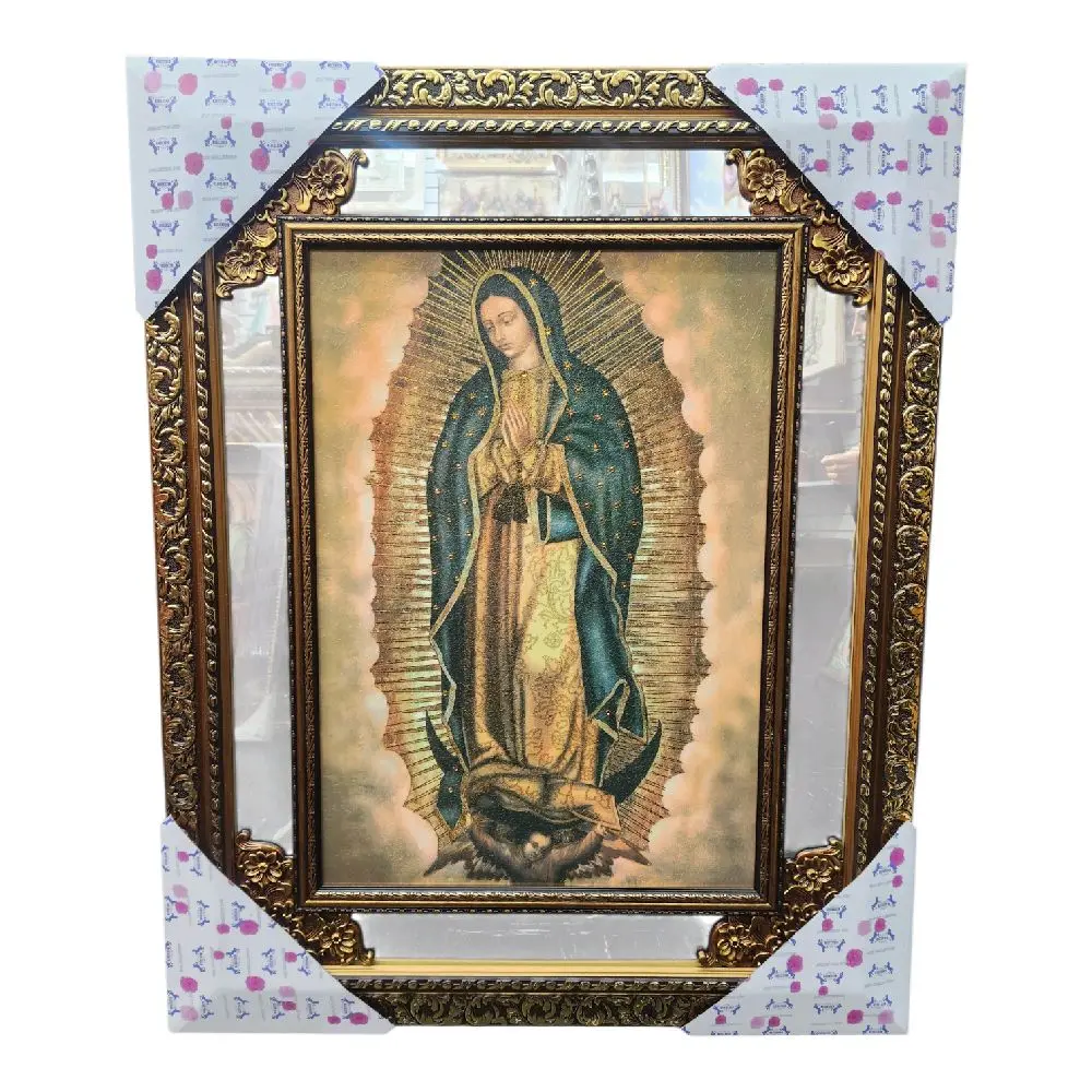 Virgen De Guadalupe 28"widex36"tall Gold Tone Mirrored Frame  Our Lady Of Guadalupe With Glass Fino Fancy Imagen Image Cuadro Mother Mary Virgen Maria, San Miguel Arcangel, Sagrado Corazon de Jesus, San Judas, Divina Misericordia, Angel de la Guarda
