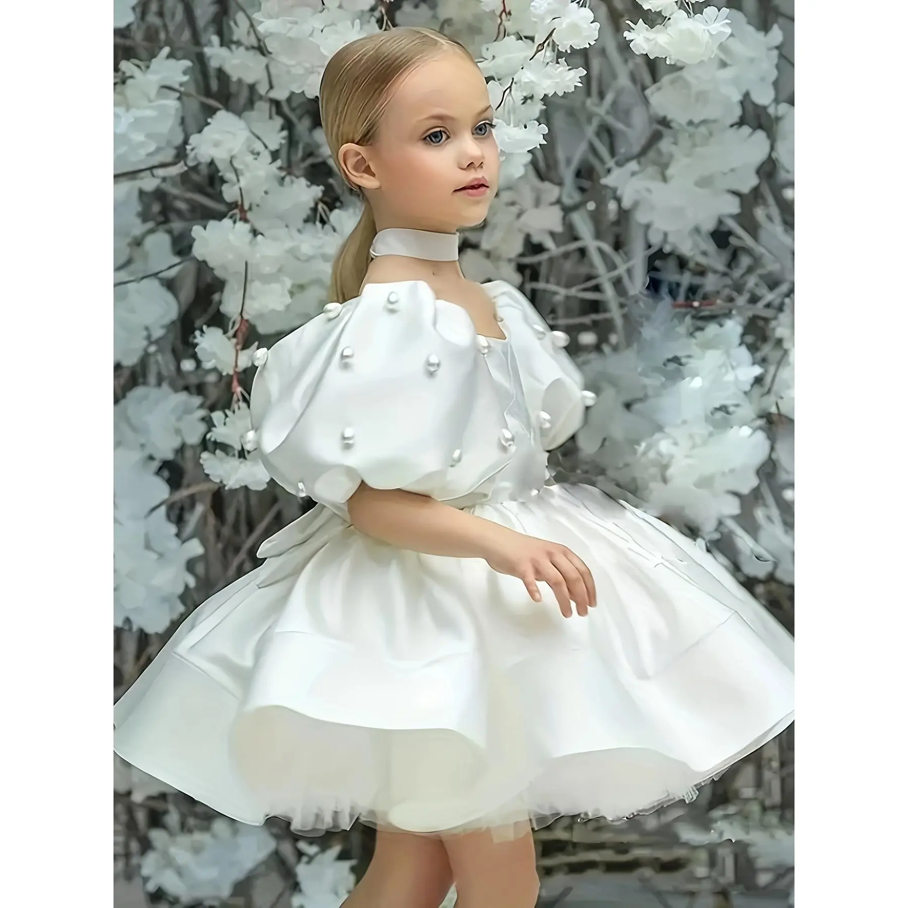 Girls White Satin Ball Gown, Puff Bubble Sleeve Pearl Bead Decor Choker Neck Voluminous Ruffle Bubble Skirt Kids Wedding Flower Girl Baptism Formal Dress # Girls Daisy Smocked Ruffle Dress # princess style formal gown
