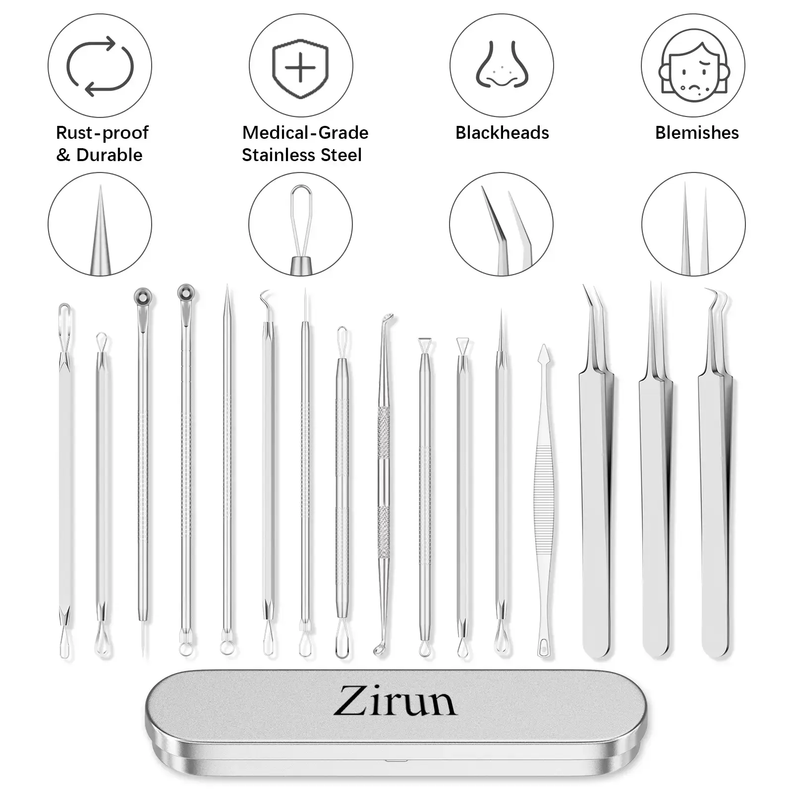 (zirun) Blackhead Removal Tools - 15 Pieces Acne Blackhead Tools, Facial Pore Cleansing, 401 Premium Professional Stainless Steel Acne Pimple Extractor with Metal Box - Skin Care, Facial Cleansing Equipment