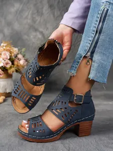 Summer women's comfortable and breathable high-heeled sandals, fashionable hollow toe sandals, lightweight and suitable for all day wear, adjustable buckle strap, personalized beach PU high-heeled sandals, Classy Elevated Sandals