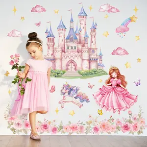 2D flat, one set (30*90cm*3pcs) hand-painted pink castle, flower, princess and unicorn cartoon wall stickers with new glossy oil and frosted technology for nursery, bedroom and home decoration and beautification