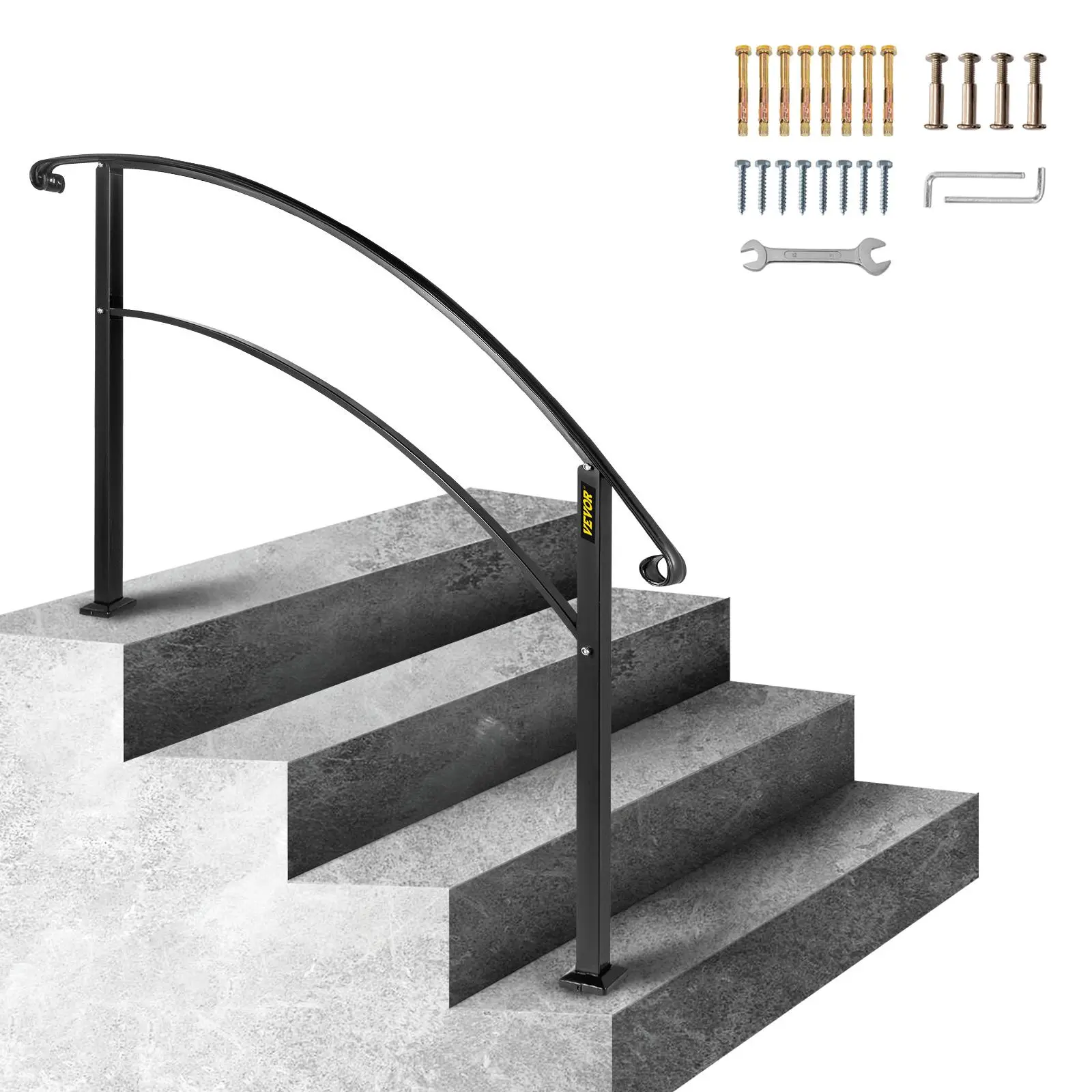 【Summerfinds】VEVOR 4-Step Handrail Fits 1 or 4 Steps Matte Black Stair Rail Wrought Iron Handrail with Installation Kit Hand Rails for Outdoor Steps