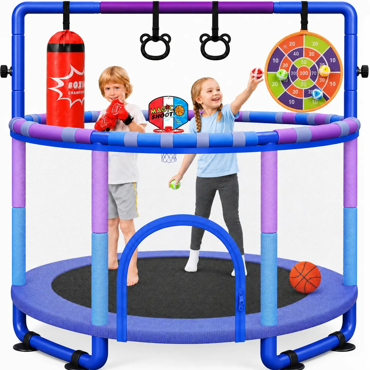 Yohood 55" Trampoline for Kids with Enclosure, 6-in-1 Toddler Trampoline Indoor Outdoor, Upgrade Full Anti-Rust Tube with Adjustable Gymnastics Bars for Boys Girls