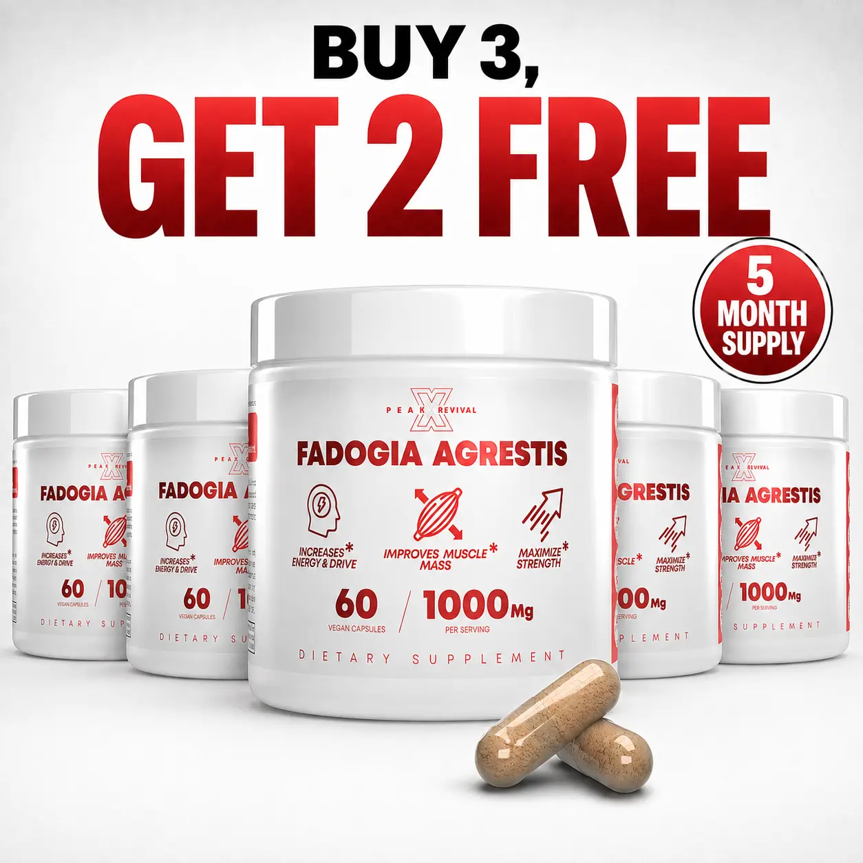 Peak Revival-X Half Year Transformation Rebuild Kit (5 Month Supply) - 300 capsules Total Unflavored Herbal Supplements, 1000mg Fadogia Agrestis Per Serving, Colostrum Added, Non-GMO, Gluten-Free Botanical Extracts for Adults' Fitness, Muscle Support