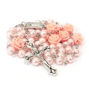 Catholic Pink Pearl Beads Rosary Necklace Our Rose Flowers, Lourdes Medal & Cross NS