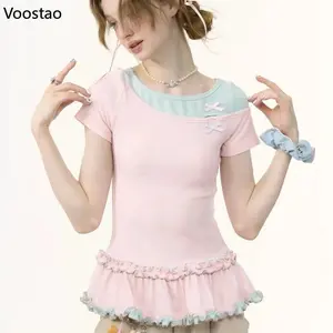 Summer Kawaii Women Pink T-Shirts Fashion Fake Two Piece Patchwork Ruffles Short Sleeve Tops Sweet  Girls Casual Blue Tees