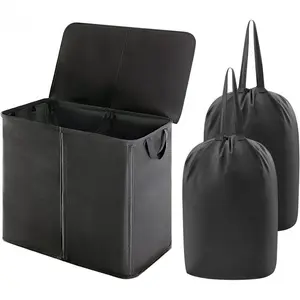 Large Oxford Cloth Laundry Hamper with Lid, Bamboo Frame Foldable Storage Basket with Removable Liner