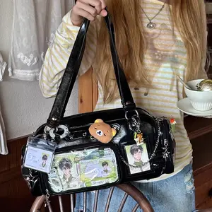 Y2K Kawaii Ita Bag, Large Capacity Glossy PU Shoulder Bag with Double Transparent Pockets & Star Chains, Anime Fandom Display Tote Bag for Casual & Cosplay