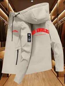 Los Angeles City Print Hoodie, Sporty Long Sleeve Outerwear, Loose-Fitting Zip-Up, Fall & Winter Casual Wear