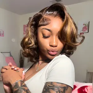 Clearrance sale Honey Blonde Highlight / Natural Black / Brown Short Bouncy Body Wave Glueless 7x6 Transparent Lace Front Human Hair Side Part Bob Wig#Summervibes