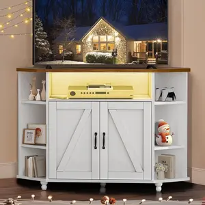 HOMBCK Corner TV Stand for 50 Inch TV, Corner Entertainment Center with LED Lights and Adjustable Shelves, Farmhouse Corner TV Cabinet with Barn Doors for Living Room, White